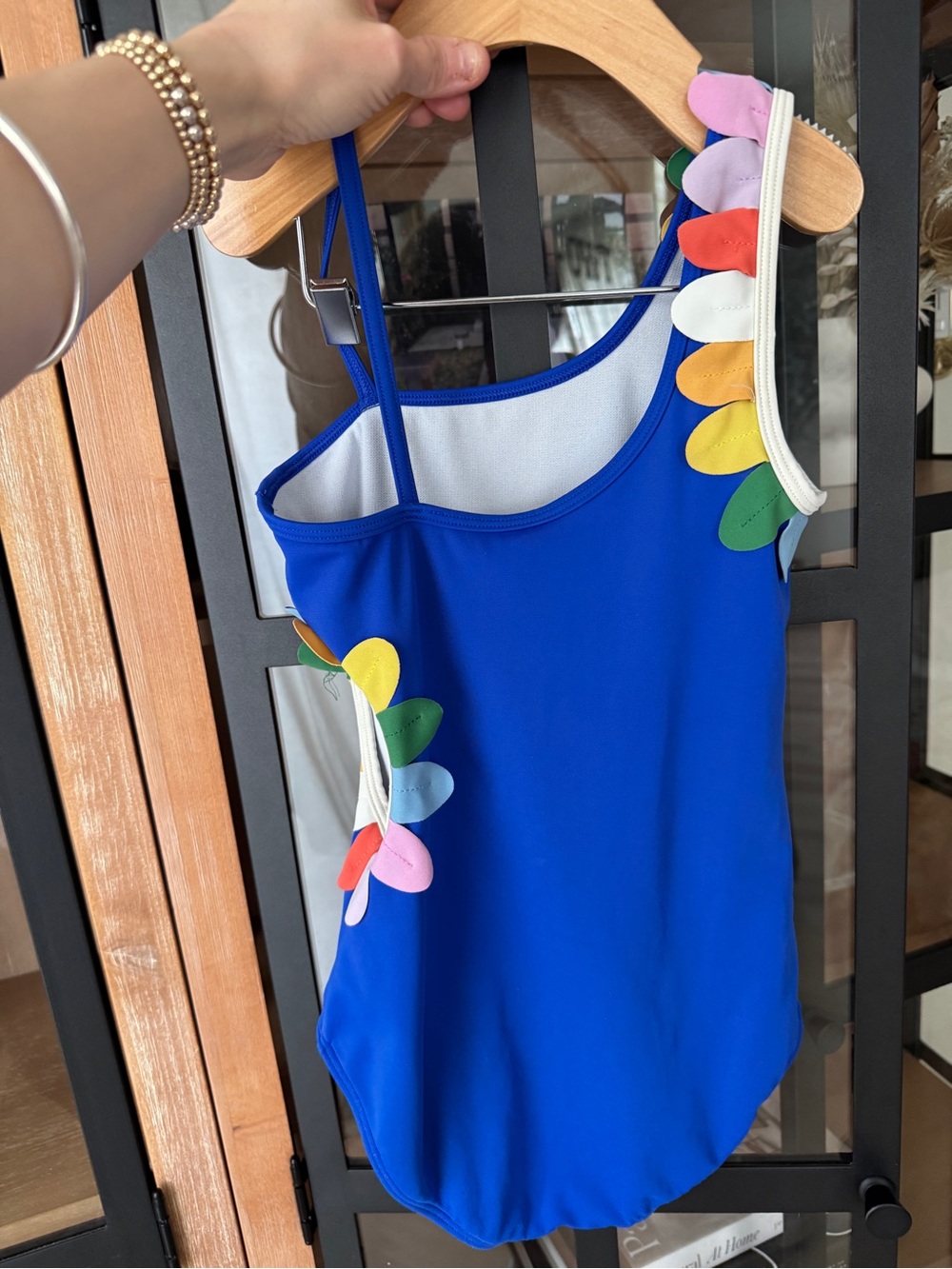 Mini Boden Girls cobalt One Piece Swimsuit rainbow petal appliqué side cutout - Picture 3 of 9
